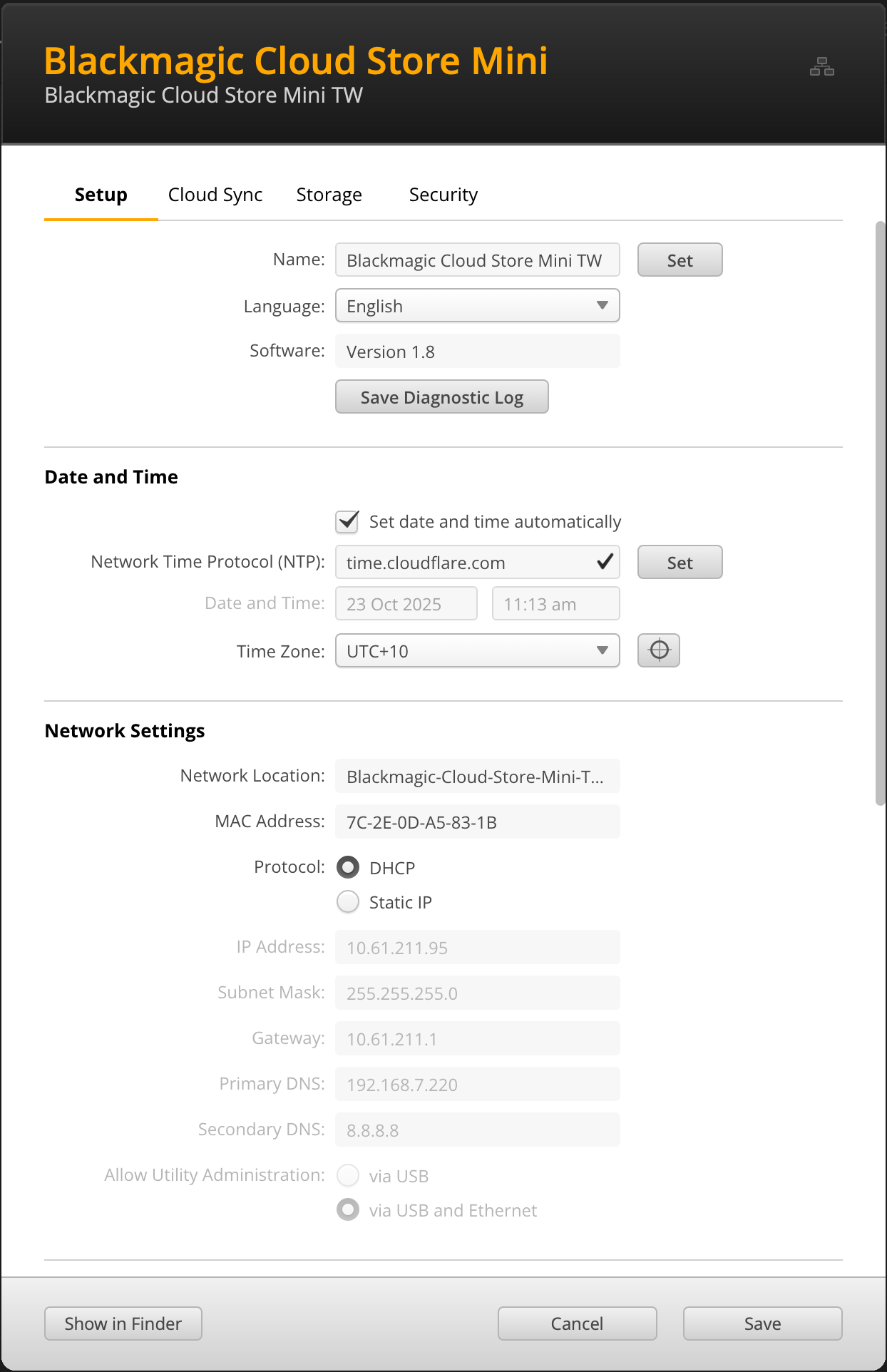 Blackmagic Cloud Store Mini Setup Utility