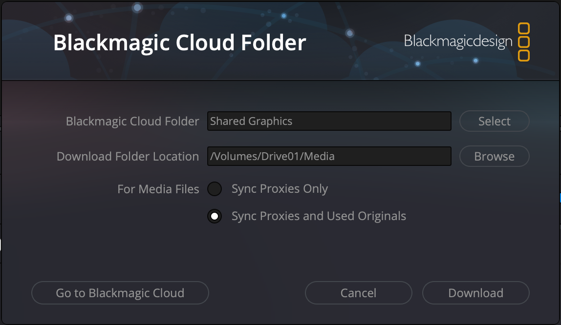 Blackmagic Cloud Folder Location window in DaVinci Resolve