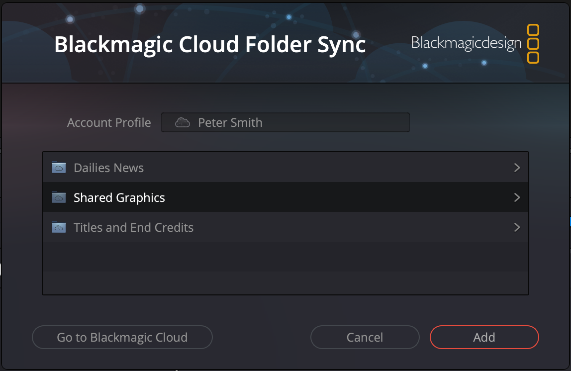 Blackmagic Cloud Folder Sync window in DaVinci Resolve