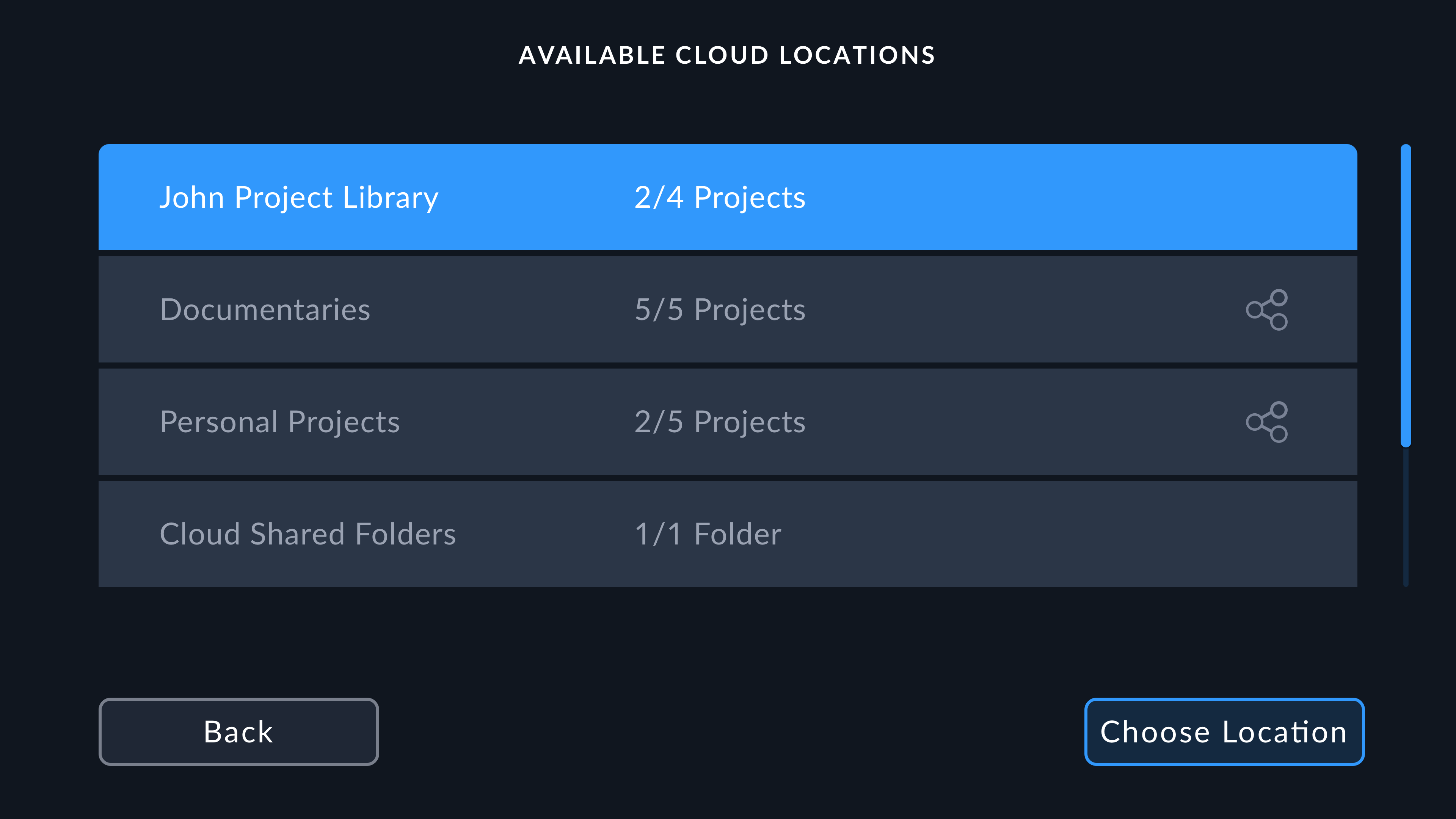 Available cloud locations menu in Blackmagic URSA Cine