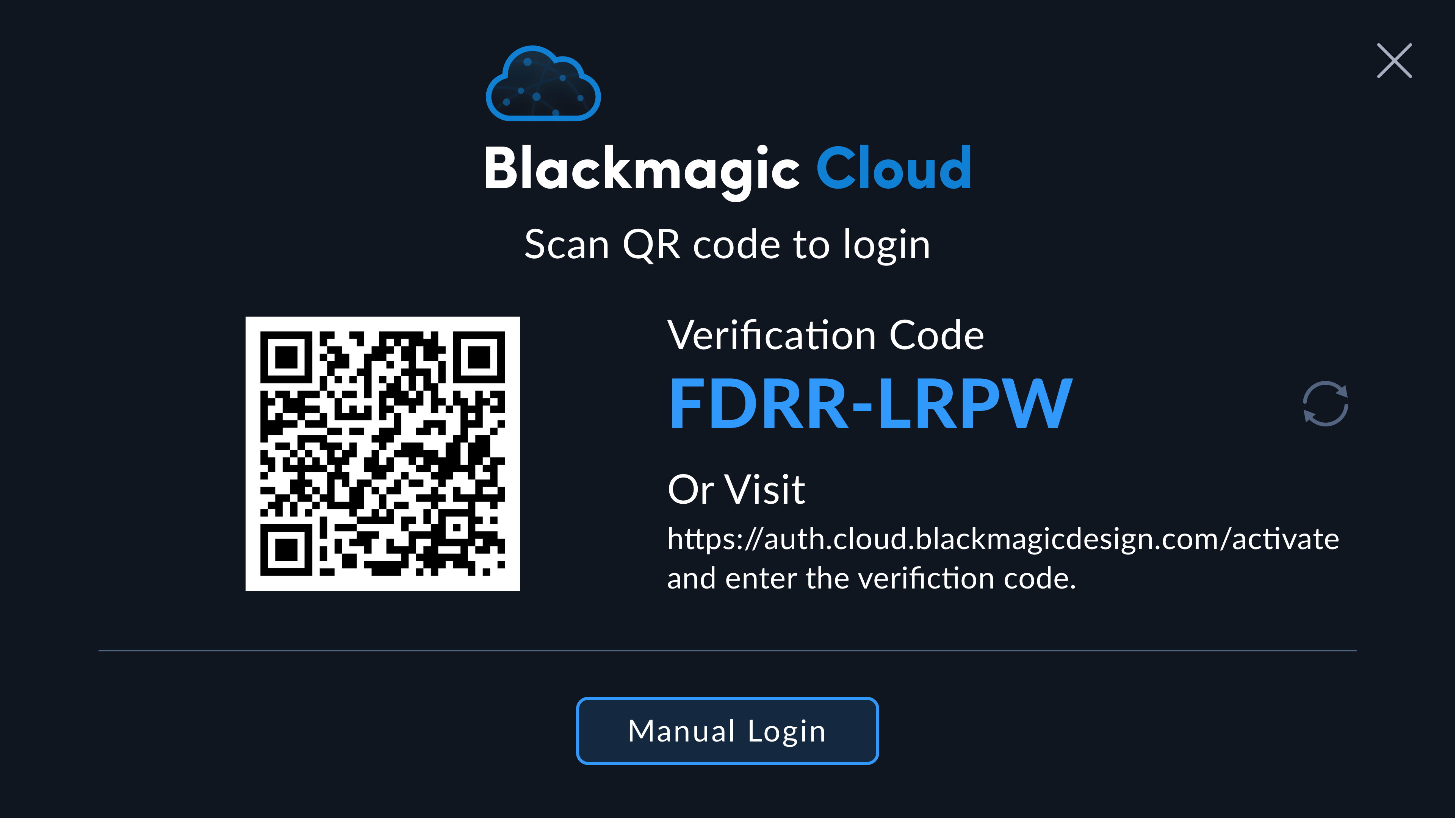 Blackmagic Cloud QR code login screen in Blackmagic URSA Cine