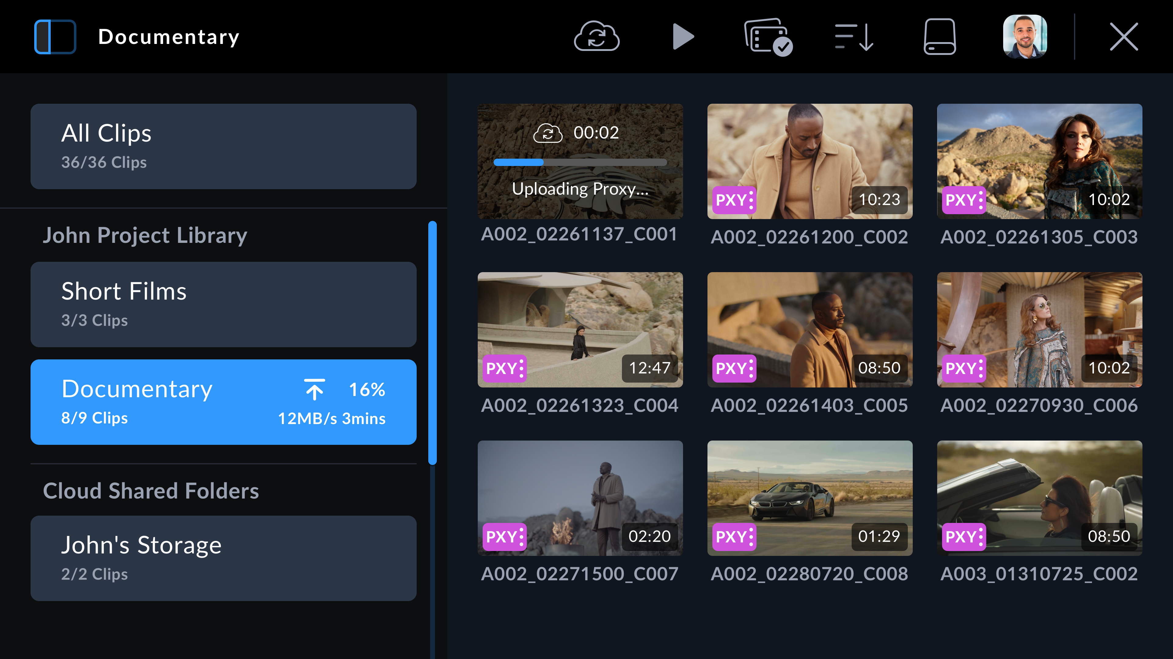 Media pool screen showing upload status in Blackmagic URSA Cine
