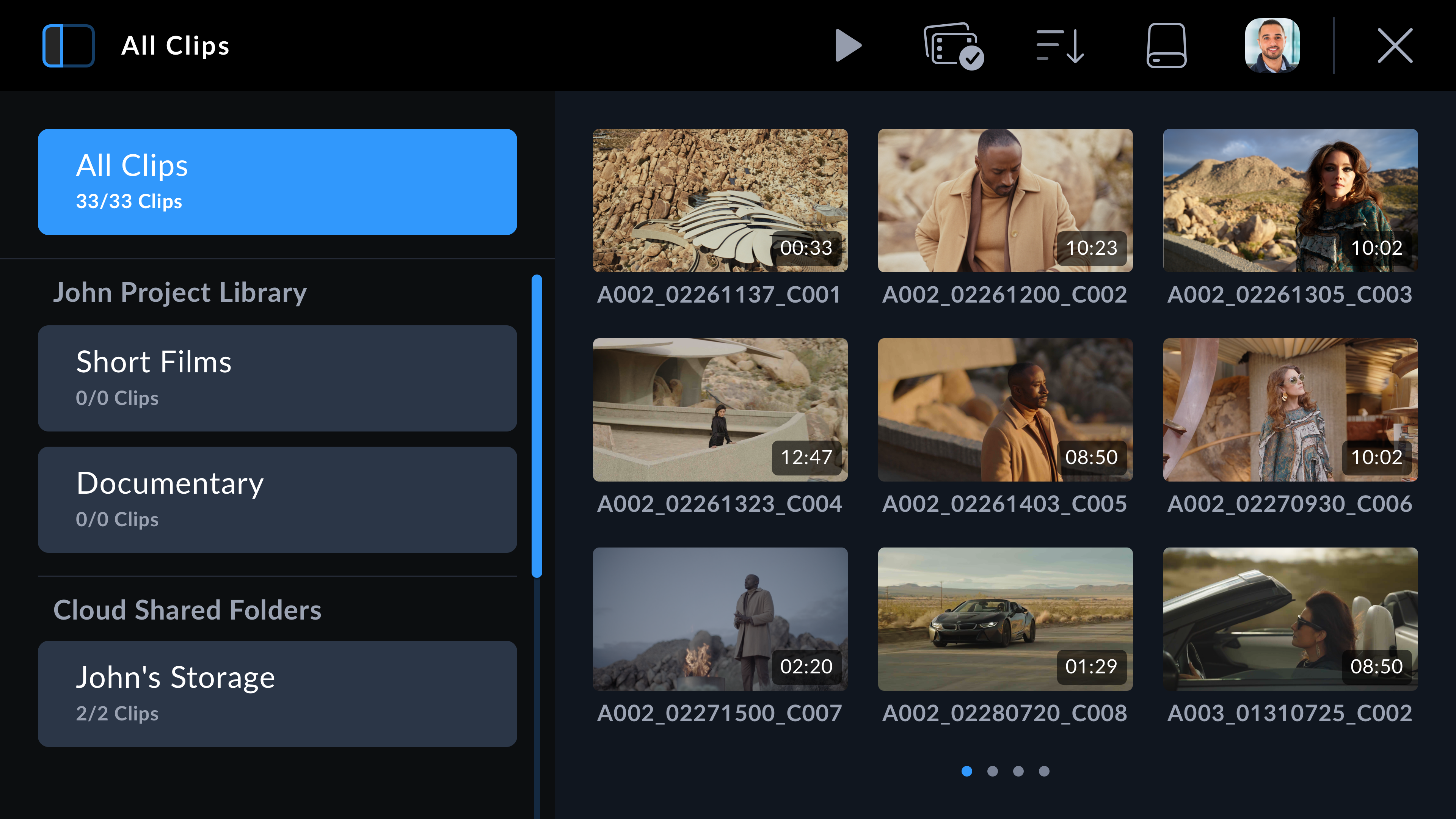 Media pool screen in Blackmagic URSA Cine