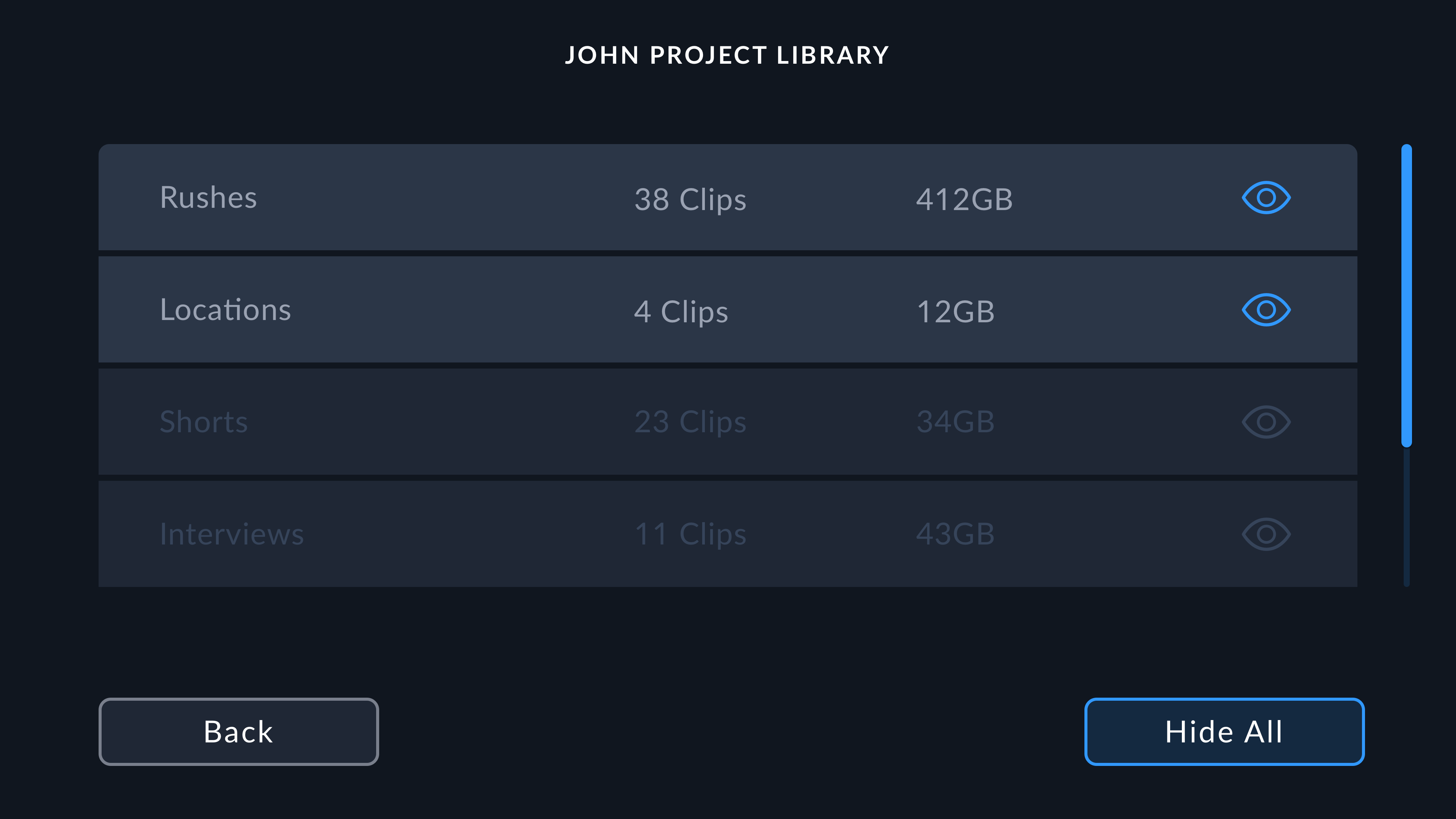 Project library list in Blackmagic URSA Cine
