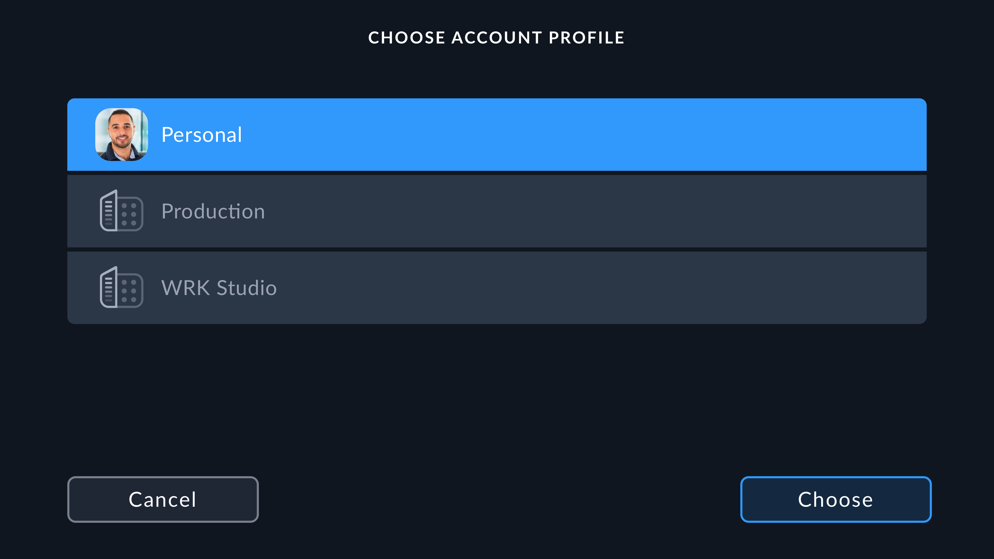 Select Profile screen in Blackmagic URSA Cine