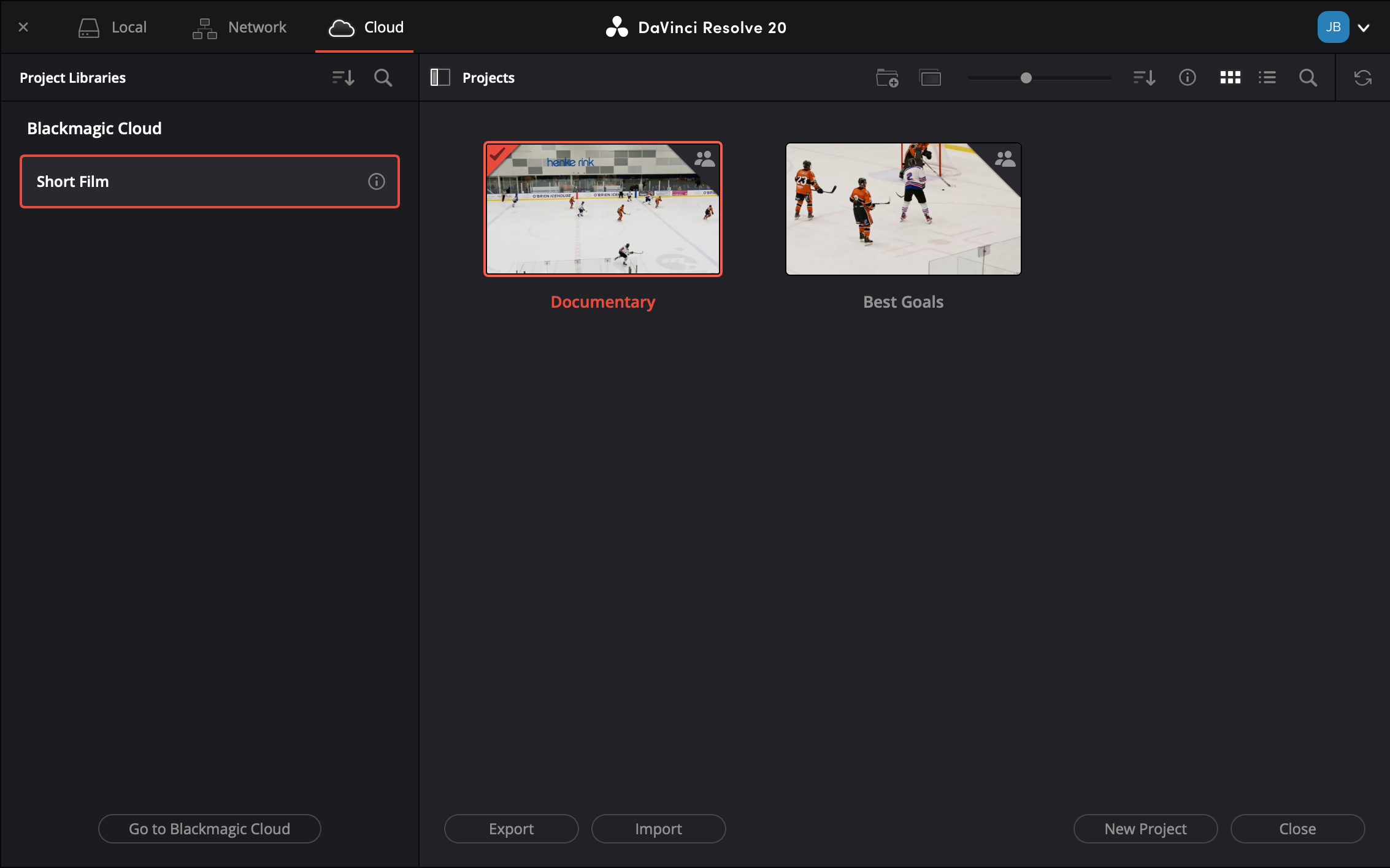 Blackmagic Cloud Tab in Project Manager Window in DaVinci Resolve